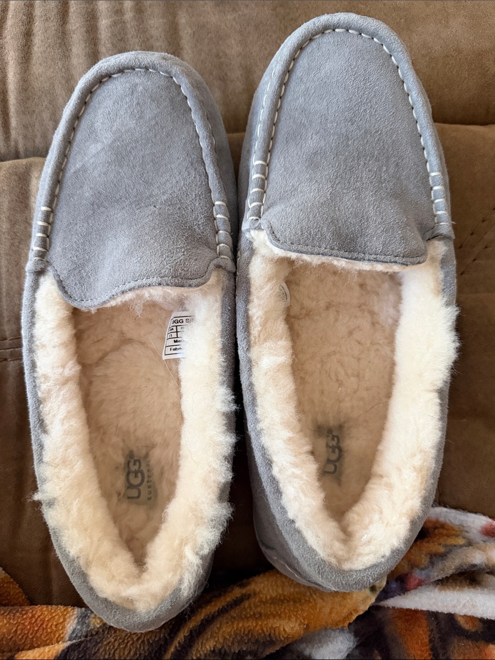 UGG Men's Light Gray Suede Shearling-Lined Moccasin Slippers